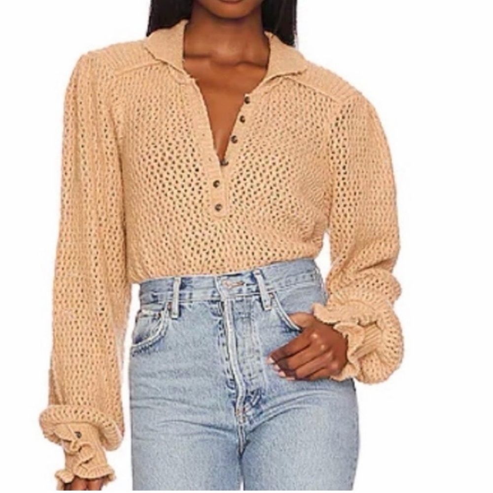 We The Free Tan Knit Button-Up Sweater